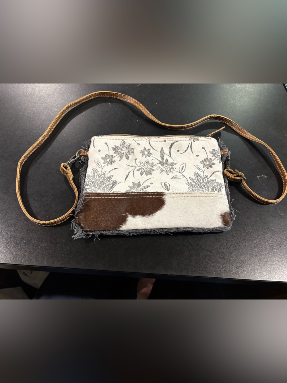 MYRA THE ALBINO SHOULDER BAG CROSSBODY HAIR ON HIDE W CANVAS GUC